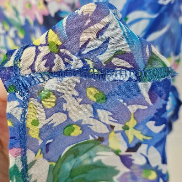 Top Lapis sheer floral blue green yellow print sleeveless button up blouse Large - Picture 6 of 8